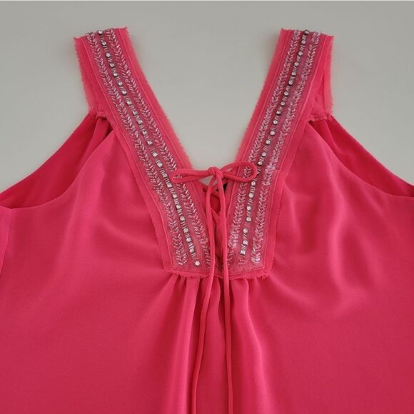 BKE Women's Deep Coral Embellished Chiffon Lined Lace-up Tank Blouse - Picture 7 of 13